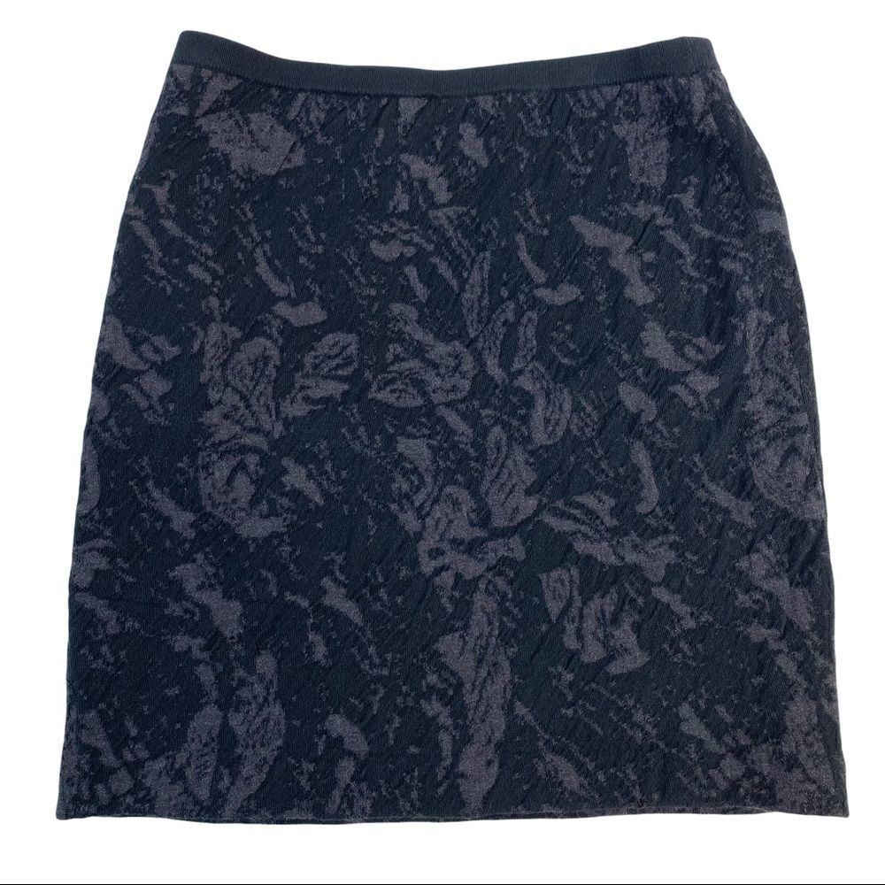 Eileen Fisher M Jacquard Pencil Skirt Crinkled Black Gray Elastic Waist Stretchy